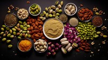 An Image Showcasing Pistachios In Various Forms--whole, Shelled, And Ground--as Ingredients For A Variety Of Dishes, Underlining Their Culinary Versatility.