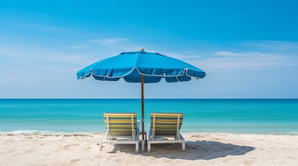  A beautiful tropical beach and sea can be found outdoors with an umbrella and chair