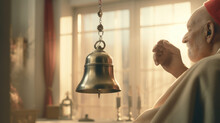 A Patient Ringing A Bell To Signify The End Of Their Cancer Treatment.