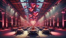 Warehouse Turned Into A Romantic Place For Valentine's Day, With Heart Decorations. Tables With Roses And Candles Are Set For A Romantic Night.