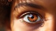 A close up of a child's eye with an orange iris, AI