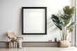 Empty square frame mockup in modern minimalist interior over white wall background Design.
