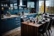 © Studio Zenith - cuisine moderne de couleur bleu et orange avec table mise avec assiettes et couverts