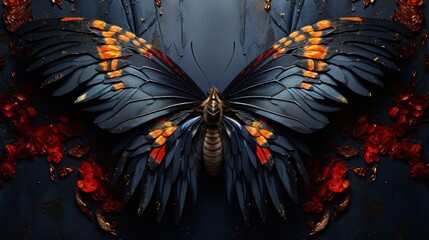 Canvas Print - A butterfly with orange and black wings on a blue background, AI