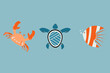 Marine set of sea animals. Crab, turtle an fish on blue background. Cute cartoon vector characters