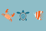 Fototapeta Pokój dzieciecy - Marine set of sea animals. Crab, turtle an fish on blue background. Cute cartoon vector characters