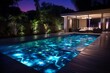 A contemporary backyard with a pool featuring a fiber optic starlight bottom, creating 3D intricate, starry patterns, celestial serenity