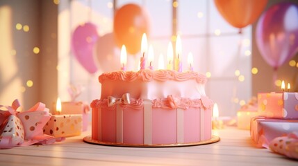 a birthday cake is displayed with lit candles on top