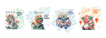 Cute Dragons. 2024. Happy Chinese New Year. Set Of Vector Illustrations. Little Dragon Character For Chinese New Year. 