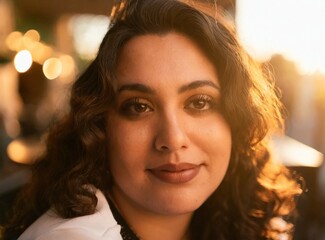 Wall Mural - Curvy smiling young Latin woman model sitting at coffee shop/restaurant, portrait, face closeup. Brunette with curly hair.