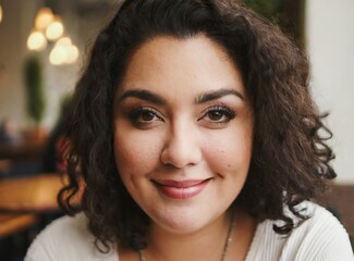 Wall Mural - Curvy smiling young Caucasian woman model with curly brunette hair sitting at coffee shop/restaurant, portrait, face closeup.