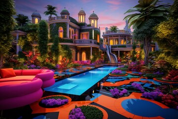 Wall Mural - A luxury backyard featuring a pool with 3D intricate patterns in neon orange, electric purple, and sky blue, surrounded by a high-end outdoor gaming area and vibrant flower beds, in