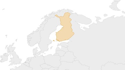 Wall Mural - Animation of Finland country map on the world map. Animation of map zoom in with border and marking of major cities and capital of the country Finland. Background with alpha channel. Motion design.