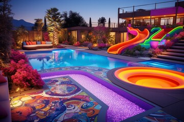 Wall Mural - A luxury backyard featuring a pool with 3D intricate patterns in neon orange, electric purple, and sky blue, surrounded by a high-end outdoor gaming area and vibrant flower beds, in