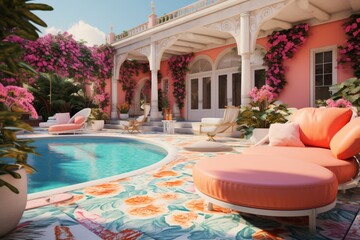 A luxury backyard oasis with a pool featuring intricate 3D patterns in bright orange, sky blue, and radiant pink, surrounded by a lush garden and a tranquil meditation area, captured in