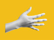 Collage hand with halftone effect. Cut out paper. Hand holds c gesture high five. Vector modern illustration