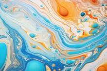  An Abstract Painting With Blue, Orange, Yellow, And White Swirls And Drops Of Water On A White And Blue Background With A Yellow Droplet Of Color.