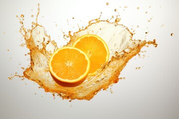  a splash of orange juice with two oranges on the other side of the orange and the other half of the orange on the other side of the orange slice.