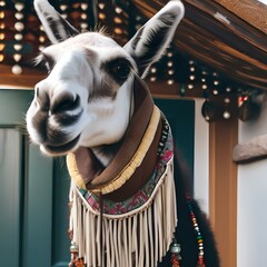 Wall Mural - A portrait of a stylish llama wearing a bohemian poncho and beads3