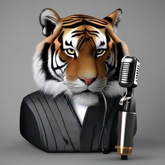 Wall Mural - A portrait of a suave tiger in a suit and tie, holding a microphone2