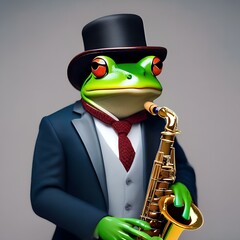 Wall Mural - A portrait of a chic frog in a stylish hat and vest, playing a saxophone2