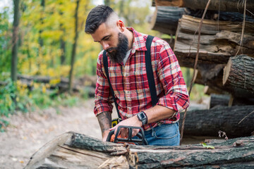 Wall Mural - Action shot of the lumberjack in the woods, slicing through logs with a chainsaw, sawdust and smoke filling the air.