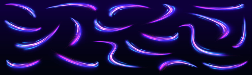 Poster - Light and stripes moving fast over dark background. Vector glitter light fire flare trace. Abstract image of speed motion on the road. 