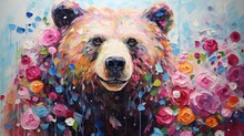 A Painting Of A Bear Surrounded By Flowers