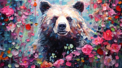 Wall Mural - A painting of a bear surrounded by flowers