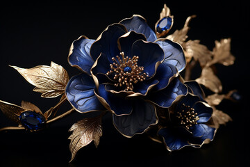 Wall Mural - a bloom featuring lush, textured petals in an opulent combination of deep sapphire and gleaming gold