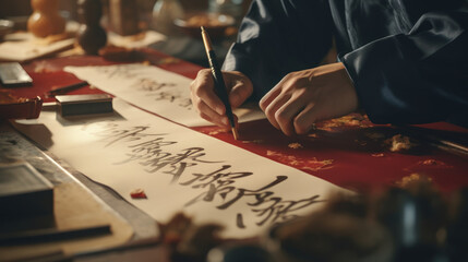 Calligraphy artists writing Spring Festival couplets.