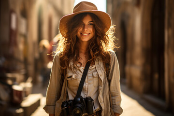 Sticker -  a woman wearing a hat and holding a camera in her hand and walking down an alleyway in an alleyway with a building in the background and a woman with a hat.