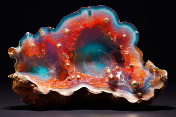 Wall Mural - iridescent platinum and cerulean liquid marble fractal blooms cascading on a vibrant coral-toned res