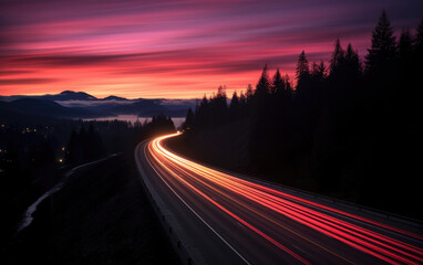 Wall Mural - A long exposure photo of the road on the highway at a sunset