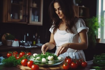 Wall Mural -  a woman standing in front of a plate of tomatoes and mozzarella with a knife in her hand and a plate of mozzarella on the table next to her.