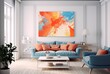 A large, colorful abstract painting hangs on the wall of a living room, surrounded by blue furniture and decorative items. Generative AI