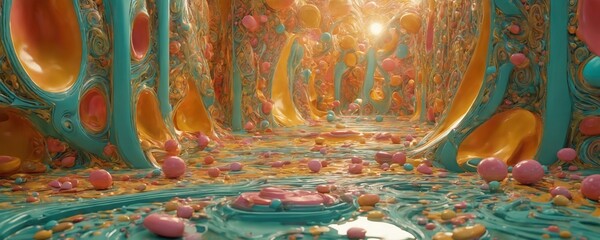 a colorful, abstractly, 3d - like, art - filled room with lots of balloons and cons