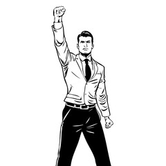 Wall Mural - Politician with his hands raised high. Businessman celebrating victory. A man in a business suit. Successful man. Black and white portrait . Character comics avatar icon. Flat isolated illustration 