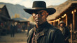 Portrait of African American cowboy or bandit like in western movie, face of tough black man wearing hat and vintage outfit in town. Concept of wild west, sheriff, outlaw, people