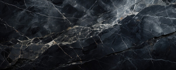 Black marble texture background, abstract pattern of light lines in dark rock. Wide banner of stone structure with gray veins close-up. Concept of art, design, nature, surface
