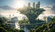 A futuristic city with a massive tree and skyscrapers Generative AI