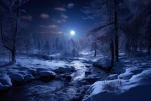  A Stream Running Through A Snow Covered Forest Under A Street Light At Night With A Full Moon In The Sky Over The Trees And In The Distance Are Snow Covered Ground.
