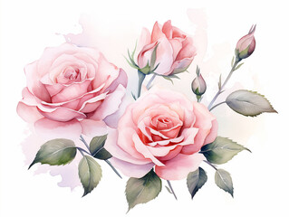 Wall Mural - Watercolor illustration of roses bouquet on white