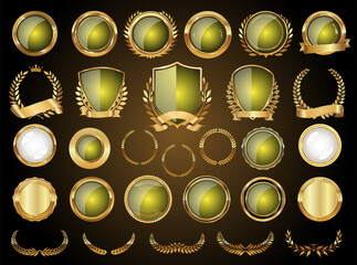 Wall Mural - Golden shields laurel wreaths and badges vector collection  