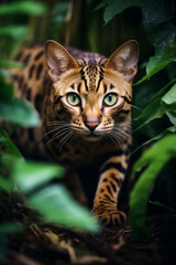 photo of bengal cat stalking prey in the jungle created with Generative Ai