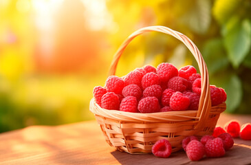 Wall Mural - Basket of fresh picked raspberries in sunny forest background with copy space