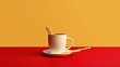  a cup of coffee and two chopsticks on a saucer on a red, yellow, and orange background.