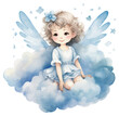 A cute angel sits on the clouds