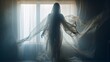 A ghostly figure in a white veil standing in front of a window Generative AI