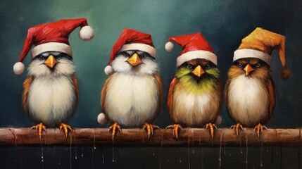 Poster -  a group of birds sitting on top of a wooden branch with santa hats on it's hats are on top of the birds.